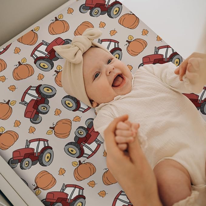 Red Tractors Pumpkins Baby Changing Pad Covers for Boy Girl Autumn Farm Trucks Harvest Fitted Change Table Mats Fall Farmhouse Vehicle Soft Diaper Changing Pad Sheets for 32''×16'' Contoured Pad