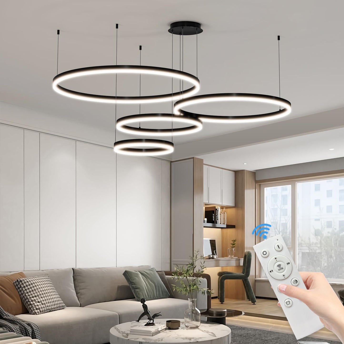 Matven Modern Dimmable Chandelier Light, Remote Control, 3 Color Modes, 15.7x23.6x31.4x39.3in, Black, Model KD-Y