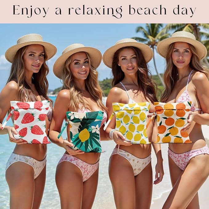 4 Pack Wet Bag for Swimsuit, Beach Travel Essentials Wet Dry Bag, for Sunscreen Toiletry Dirty Clothes Yoga Gym Diaper, Friend Summer Beach Vacation Gifts. Fruit Series