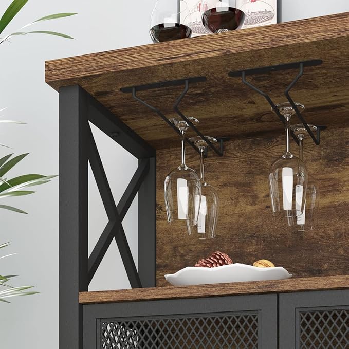 LVB Industrial Coffee Bar Cabinet, Farmhouse Wine Bar Cabinet for Liquor and Glasses, Metal Wood Sideboard Buffet Liquor Cabinet and Wine Rack with Storage for Home Dining Kitchen, Rustic Brown, 47 In