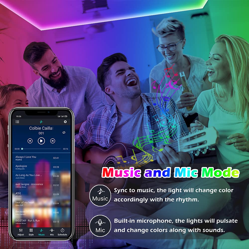 Letianpai Led Strip Lights 150Ft, Music Sync Rgb Color Changing, Bluetooth App Control, Remote Included For Bedroom And Party