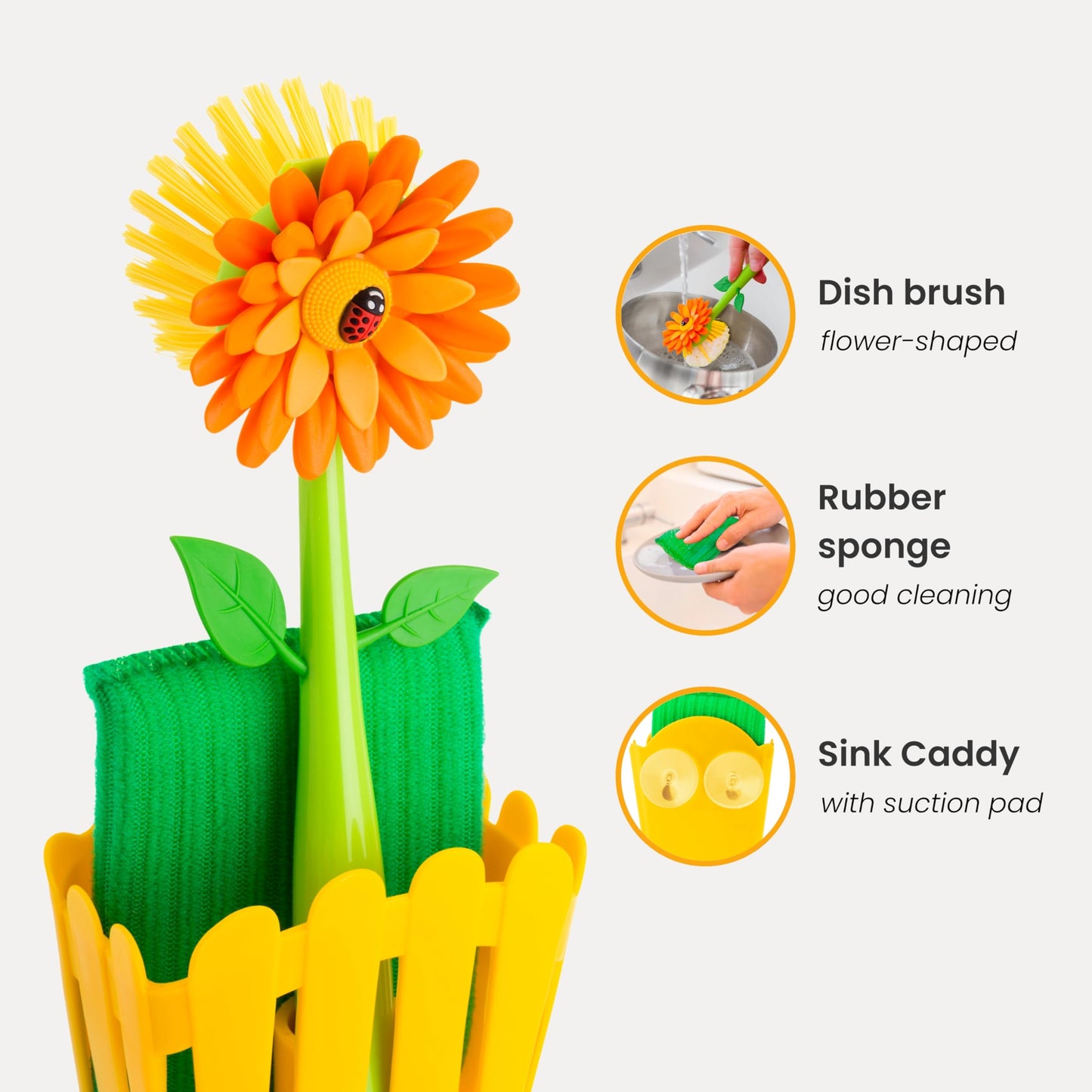 Vigar Flower Power 3-in-1 Kitchen Sink Caddy Set, Flower-Shaped Dish Brush, Sponge, Fence-shaped Holder and Suction Cup, Ideal Sink Organizer, Orange