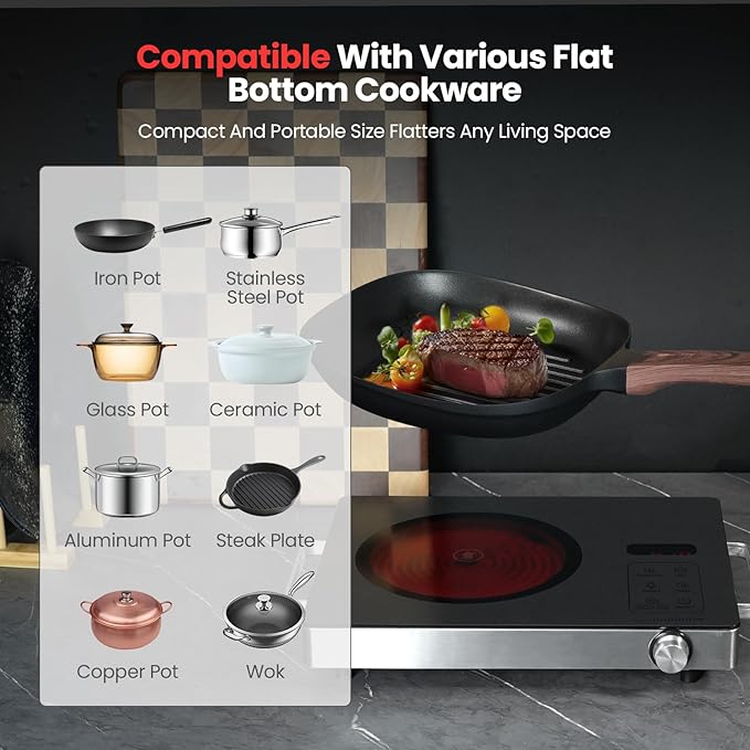 Portable Ceramic Cooktop Infrared Hot Plate,Stainless Steel Countertop Burner With Double Rings Heating Dual Control 10 Power 3H Timer Electric Stove For Cooking 1800W(Gray)