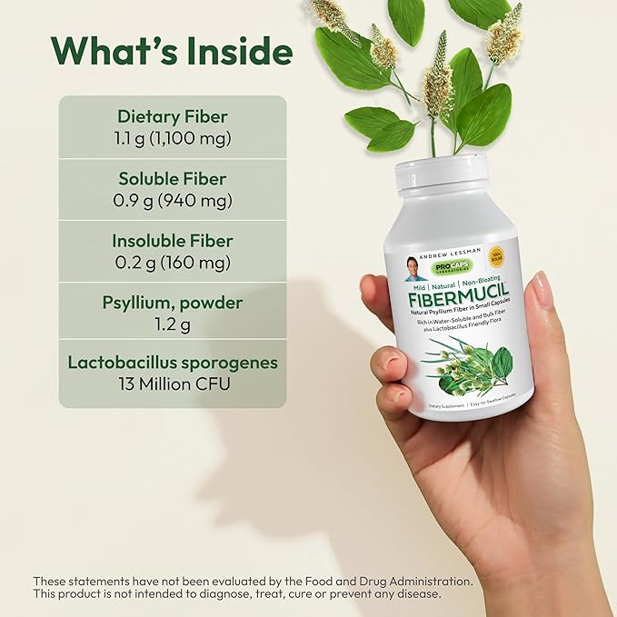 ANDREW LESSMAN Fibermucil 360 Capsules -Psyllium Husk Powder. Gently Promotes Regularity and Digestive Health. Rich in Fiber. Gentle, Easy, Effective. No Additives. Small Easy to Swallow Capsules