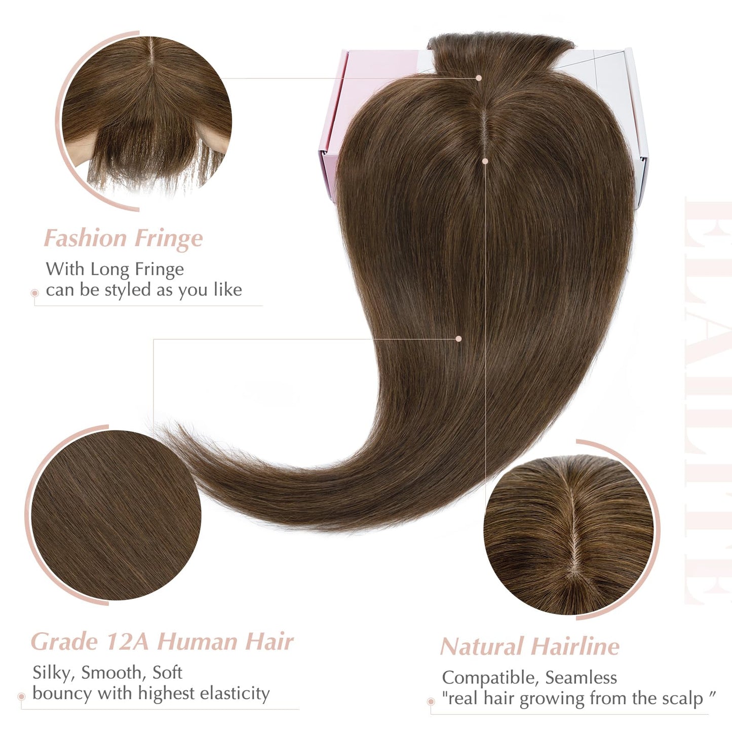 Elailite Hair Toppers for Women Real Human Hair Topper with Bangs Thinning Thin 5.1x2.8 Silk Base Clip in Remy Hairpieces 16 Inc