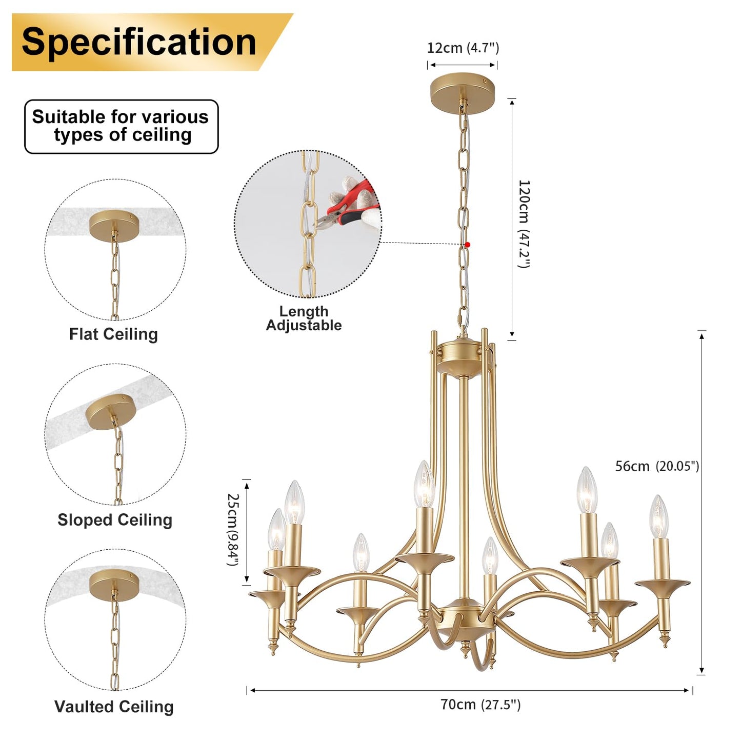 Pretoy Gold Chandeliers For Dining Room 8-Light Farmhouse Dining Room Light Fixtures Candle Chandelier Lighting For Bedroom  Hallway Entryway Living Room Kitchen Foyer