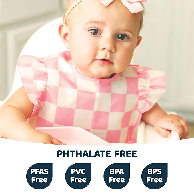 Tiny Twinkle Mess-Proof Baby Bibs for Eating | Waterproof, Wipeable Toddler Bibs with Catch-All Pocket | Feeding Bibs for Girls & Boys(3 Pack,Checkers Girl)