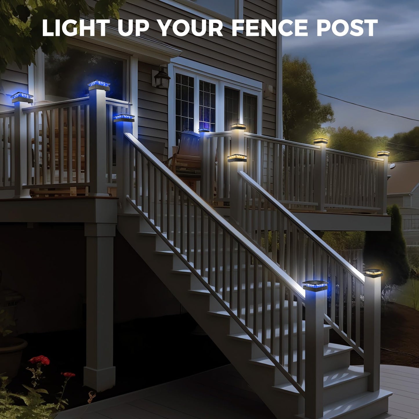 Peasur 2Pack 4X4 Solar Post Lights Outdoor  Blue & Warm White Led Fence Caps Light Waterproof  Wood & Vinyl Post Top Lighting For Deck Mailbox Railing Porch Outside