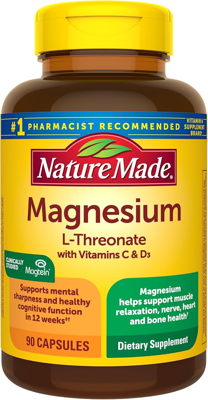 Nature Made Magnesium L-Threonate with Vitamin C & Vitamin D3, Provides 130 mg of Magnesium from 1800 mg Magnesium L Threonate, Cognitive Support Magnesium Supplement, 90 Capsules, 30 Day Supply