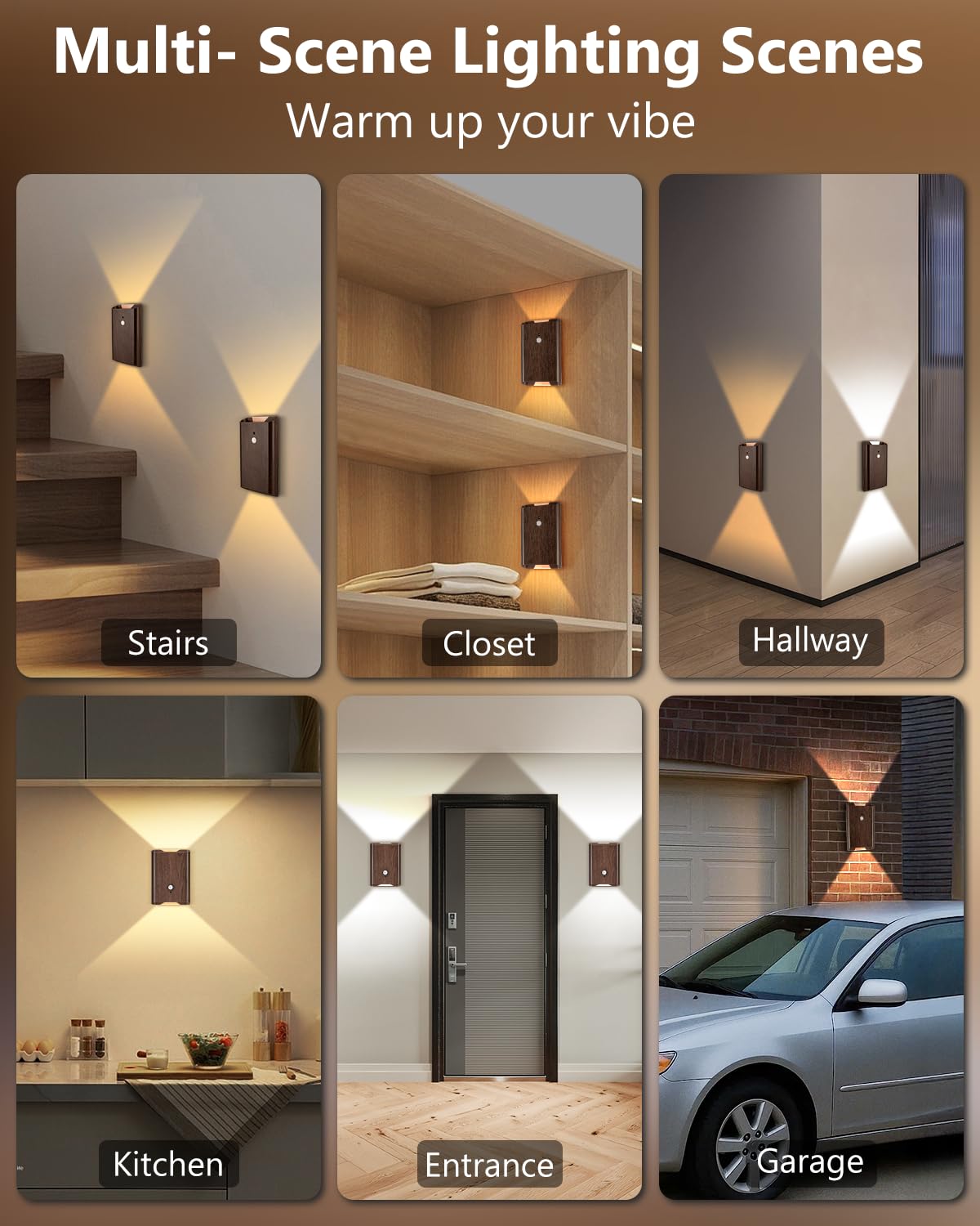 Rechargeable Motion Sensor Wall Sconce Set Of 2 - 5000Mah Wireless Battery Operated Wall Light Indoor  3 Colors Up/Down Lighting Magnetic Night Light With Remote Control For Bedroom  Hallway (Walnut)