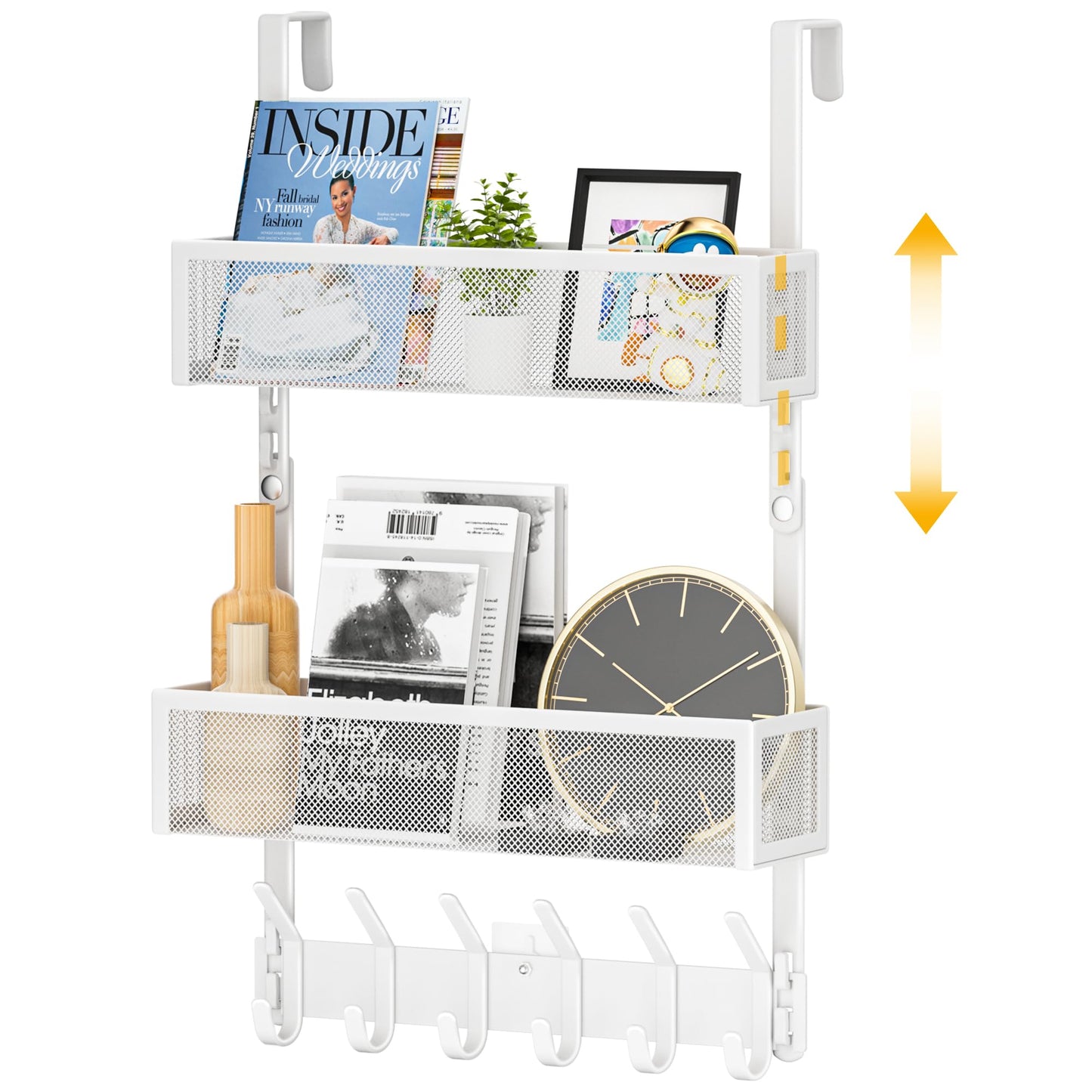 LUCYCAZ Adjustable Over The Door Hooks Organizer, Hanger Storage with 10 Coat Hooks & 2 Mesh Basket, Over The Door Towel Rack Organizer for Bathroom, Bedroom, Kitchen (White)