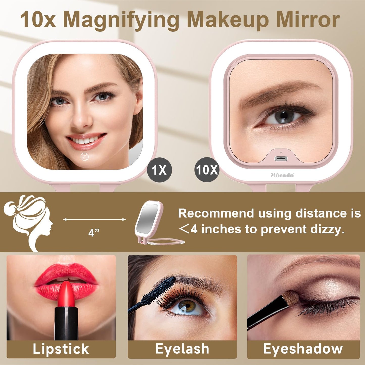 Mocado Compact Travel Makeup Mirror, 1X/10X Magnifying Mirror with Light, Double Sides Compact Mirror with 3 Color Light, Dimmab
