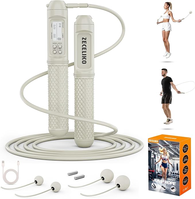 ZECELIKO Smart Jump Rope with LED Display and Jump Counter, Weighted Cordless Design for Home Gym & HIIT, Adjustable Steel...