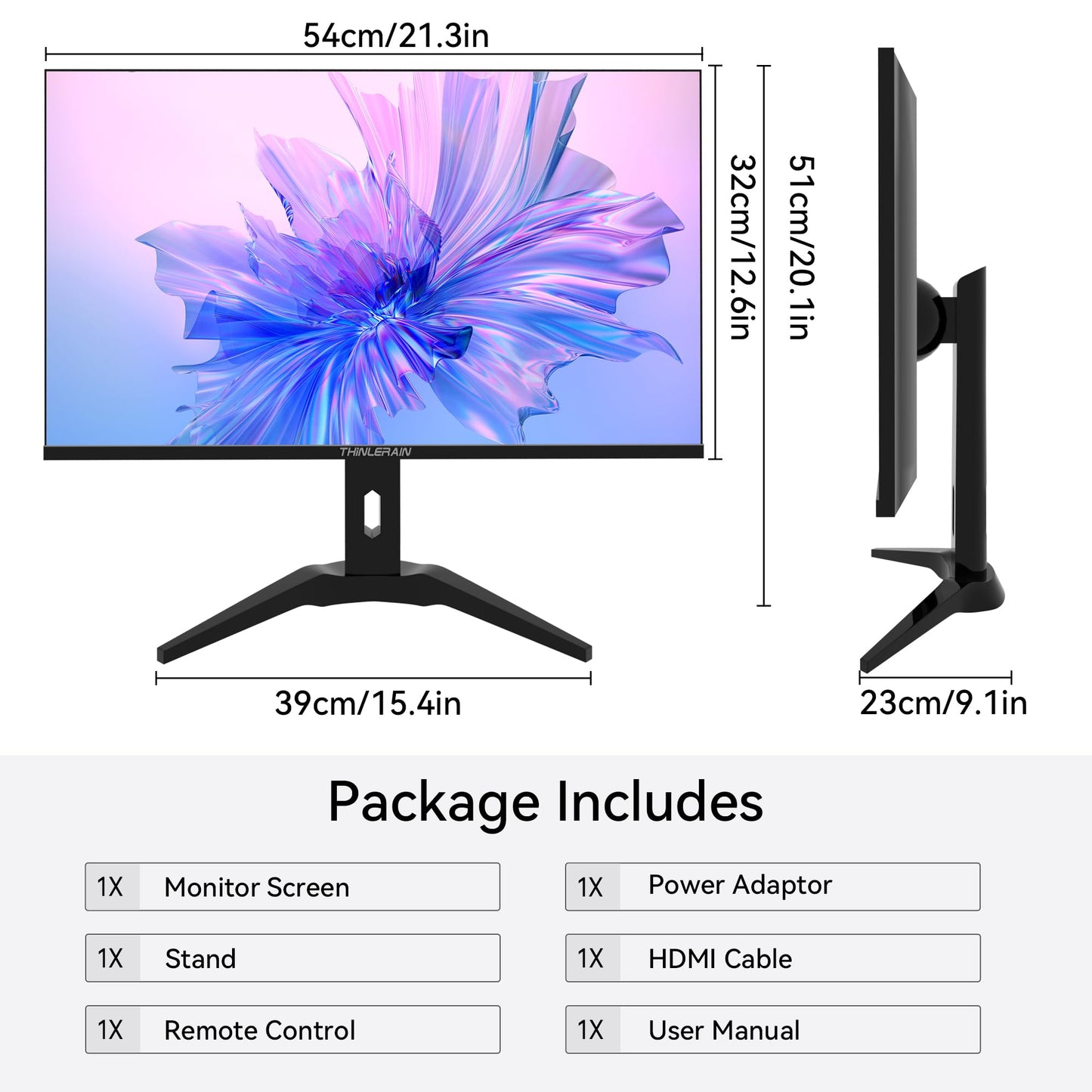 Thinlerain 23.8 inch Computer Monitor 1920x1080 Vertical PC Monitor with HDMI VGA AV BNC USB Ports, Multi-Function Stand, VESA, Display Frameless Build-in Speakers for Office Home