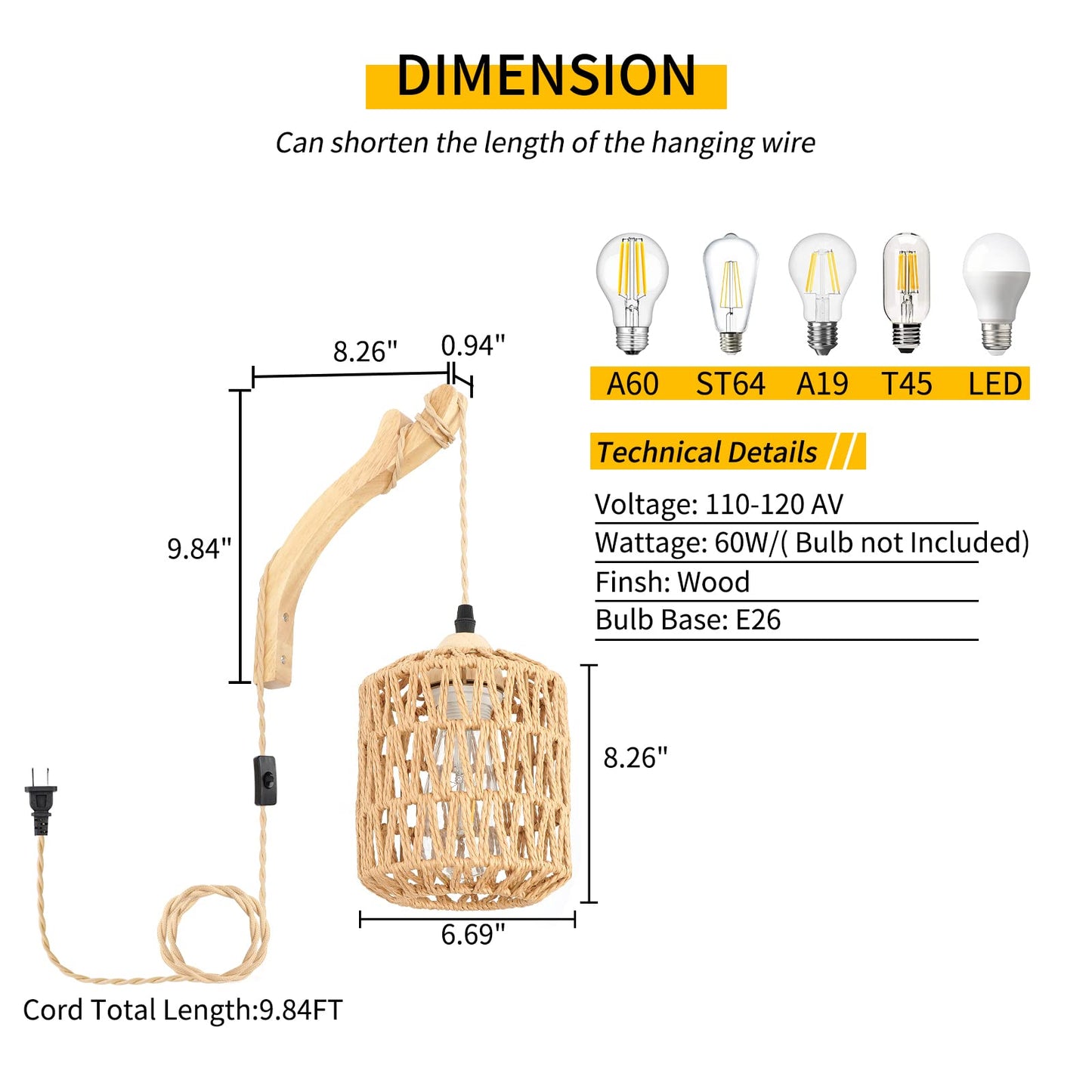 FRIDEKO HOME Rattan Wall Lamp Hand Woven Plug-in Sconce Cylindrical Brown L02187-01-US