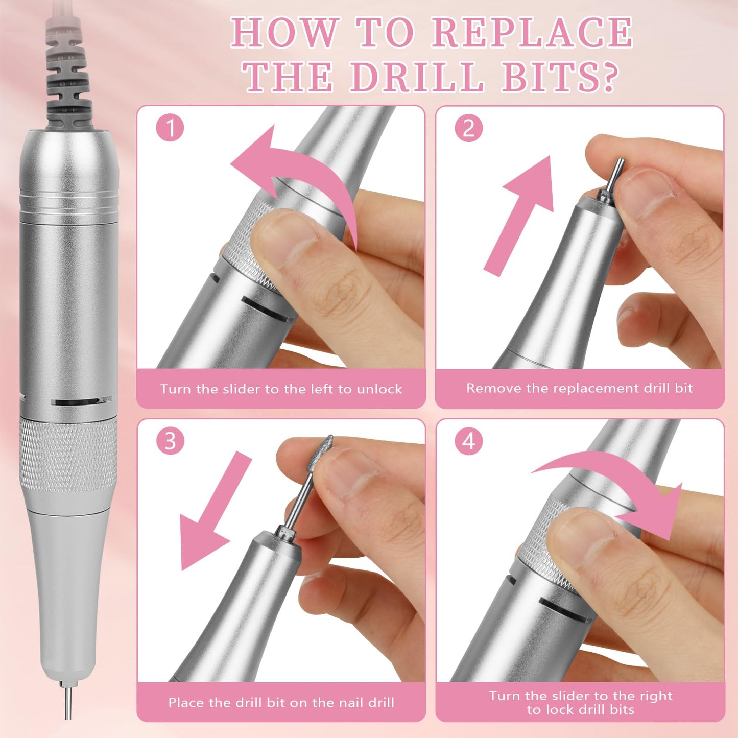 Electric Nail File Professional Kit - 45000RPM Portable Nail Drill Electric File with 11 Bits & Base?LED Screen?Ultra-Silent, Re