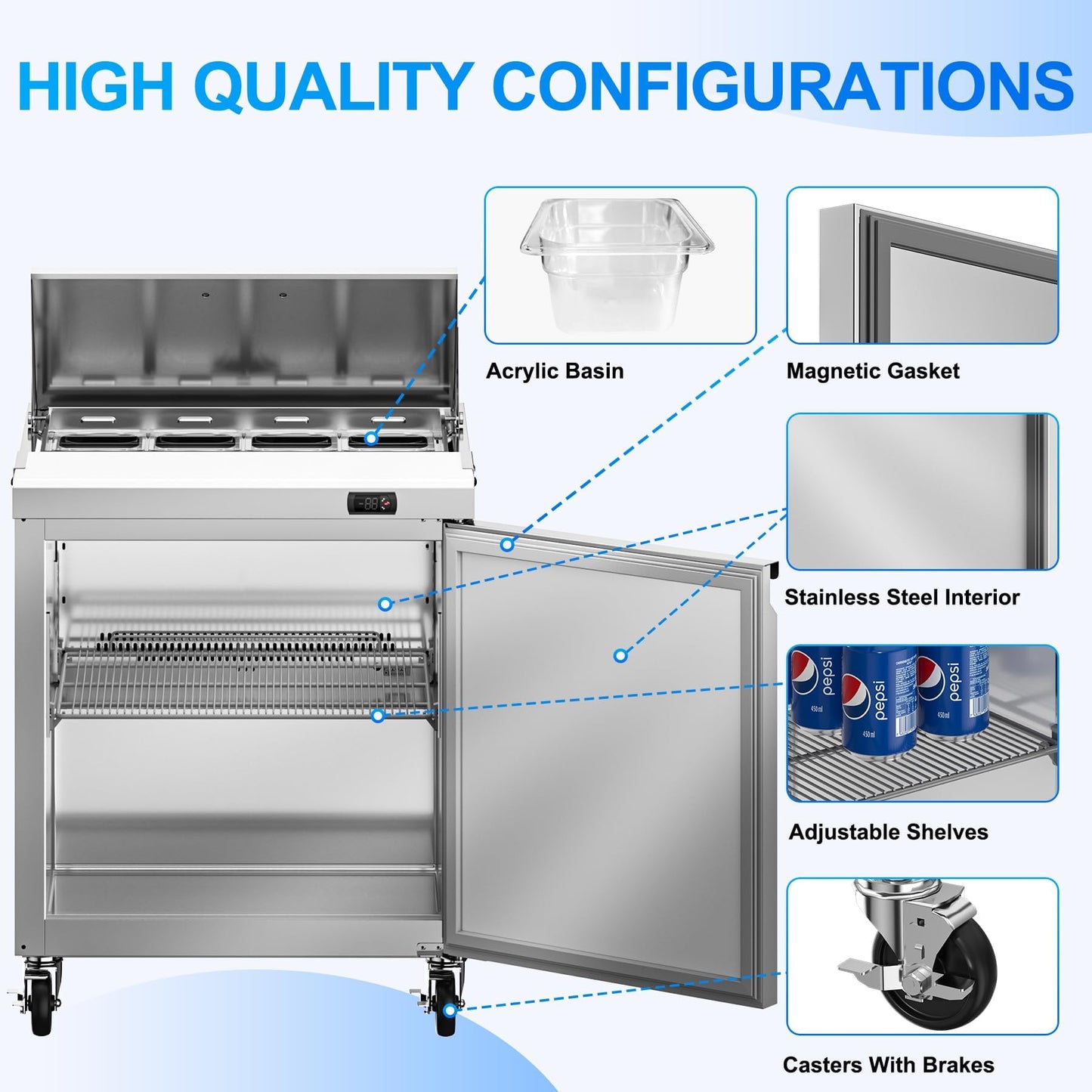 Rockitch 29" W Commercial Sandwich Salad Prep Table Refrigerator, 7.6 Cu.ft Single Door Stainless Steel Commercial Kitchen Refrigerated Equipment with 8 Pans for Restaurant, Bar, Shop, etc.