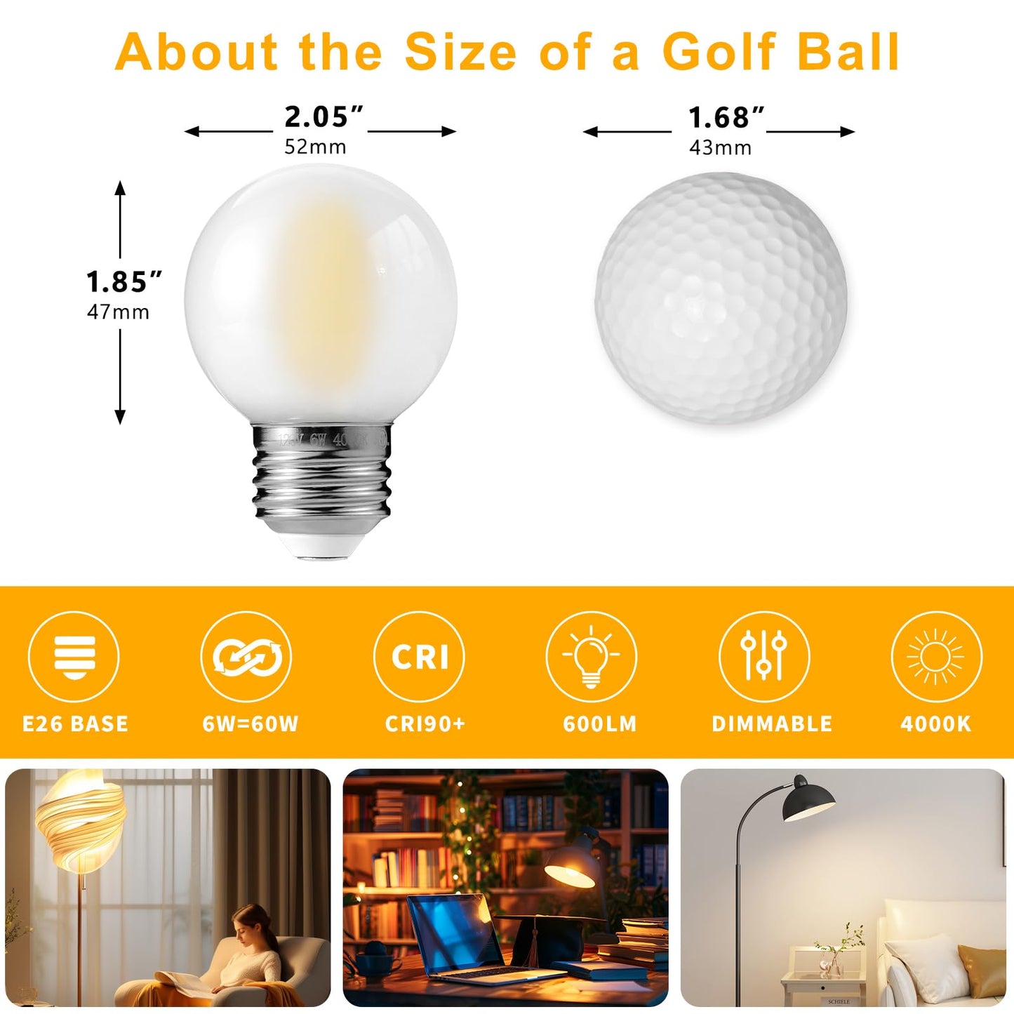Decoaui E26 G16 Led Globe Light Bulbs  Frosted Glass  4000K Daylight White  6W(60W Equivalent)  600 Lumins  Dimmable  6Pack