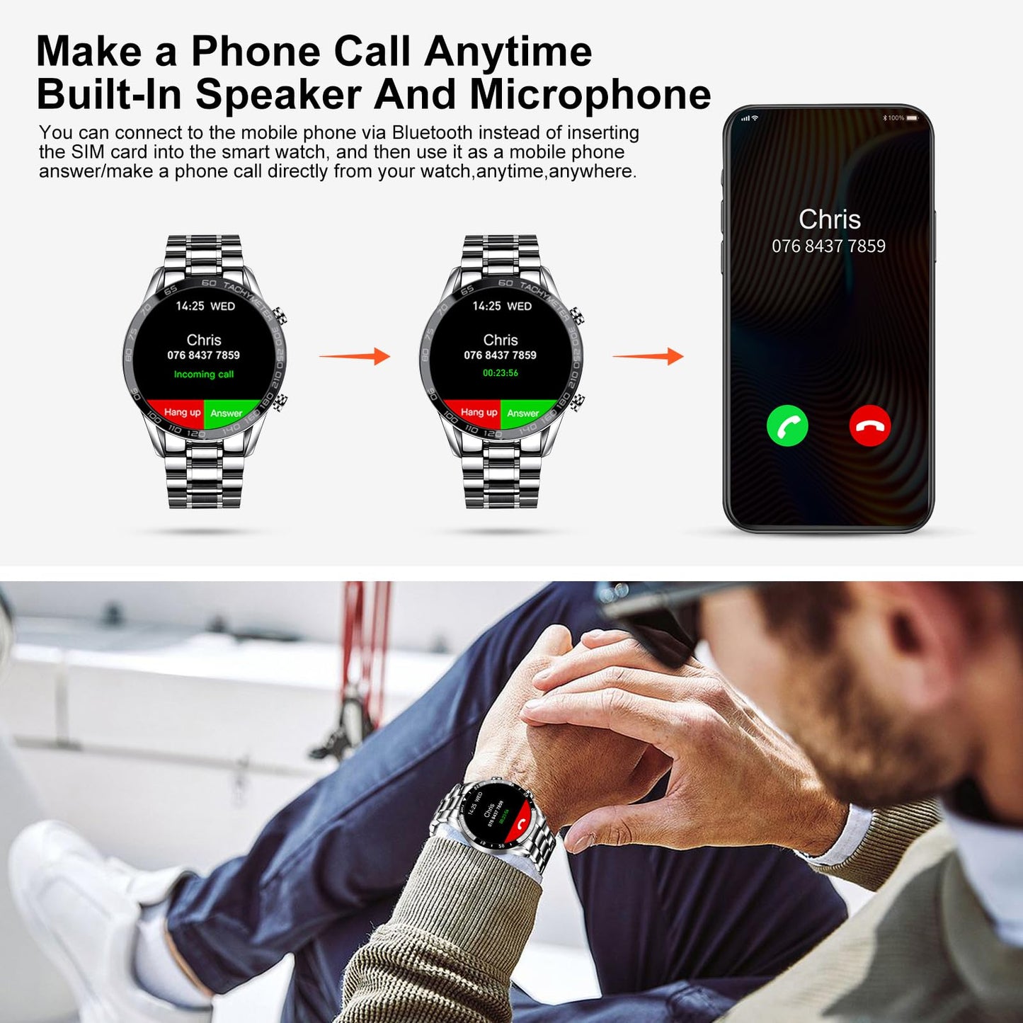 Filiekeu Men Smart Watch For Android Ios, Bluetooth Calls Voice Chat With Heart Rate/Sleep Monitor Fitness Tracker, 1.3 Full Tou