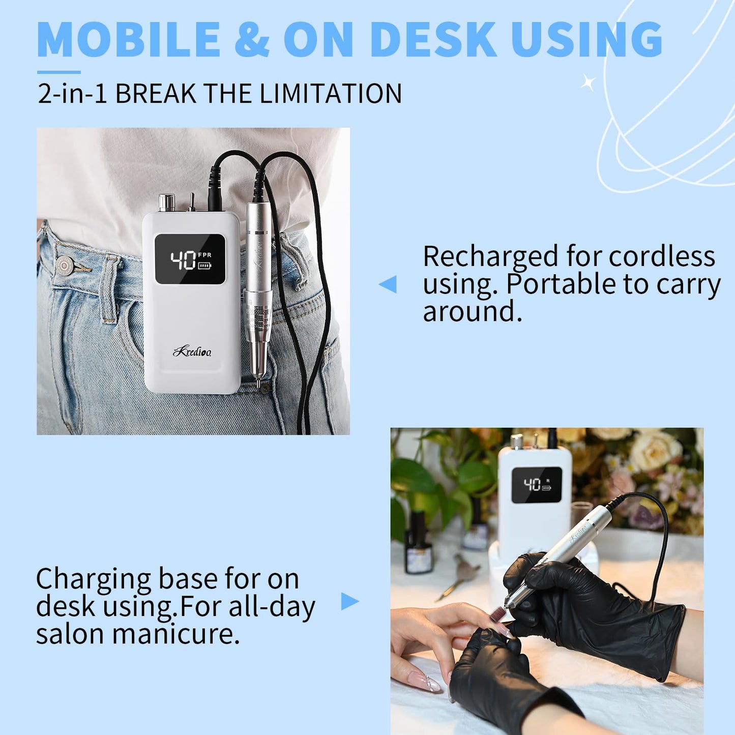 Kredioo Professional Nail Drill Brushless 40,000RPM Rechargeable 2-in-1 Portable Electric Nail File Ultra Silent Salon Must Have