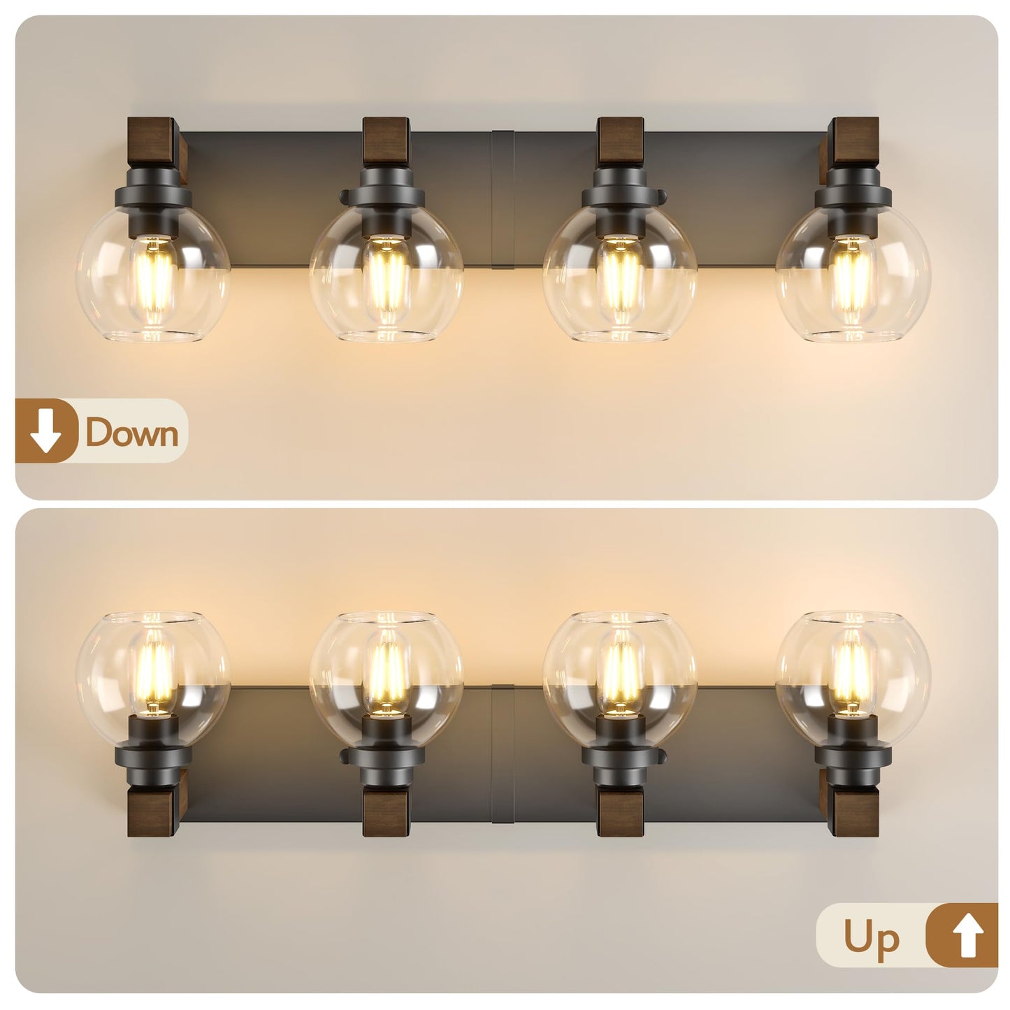 Farmhouse Bathroom Vanity Light Fixtures  4-Light Wood Bathroom Light Fixtures Over Mirror  Rustic Sconces Wall Lighting With Glass Shade For Living Room  Bedroom  Hallway
