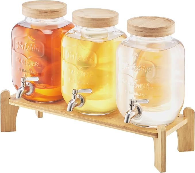 VEVOR Beverage Dispenser, 3 Pack 1 Gallon Drink Dispensers for Parties, Glass Juice Dispenser with Wood Stand, Stainless Steel Spigot, Infuser, Iced Tea Lemonade Juice Water Dispensers for Parties