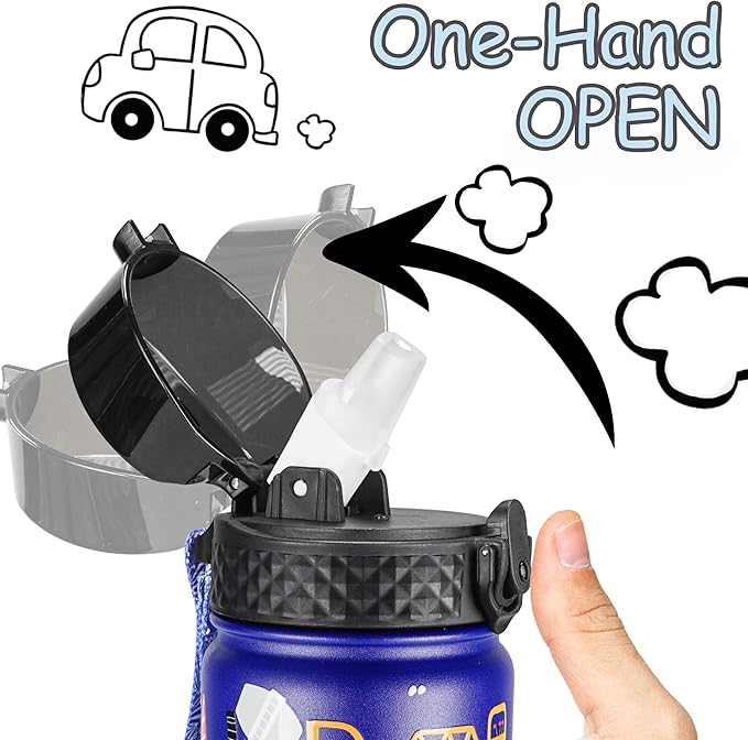 GOPPUS Kids Water Bottle (Straw Lid) - 14 Oz Stainless Steel Travel Bottle, Double Wall Vacuum Leak Proof Kids Cup for School Boys Girls,Blue engineering car