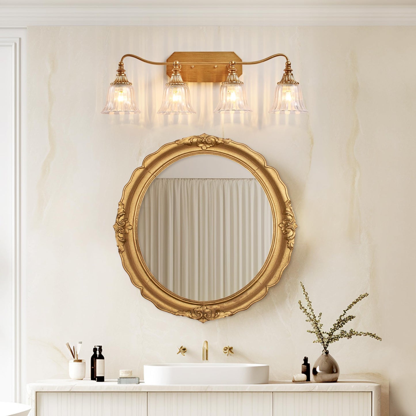 Lmnlvn Bathroom Vanity Gold Light Fixture  4 Lights Bathroom Lighting Matte Antique Brass Finish With Crystal Glass Shade  Gold Vintage Vanity Light For Bathrooms