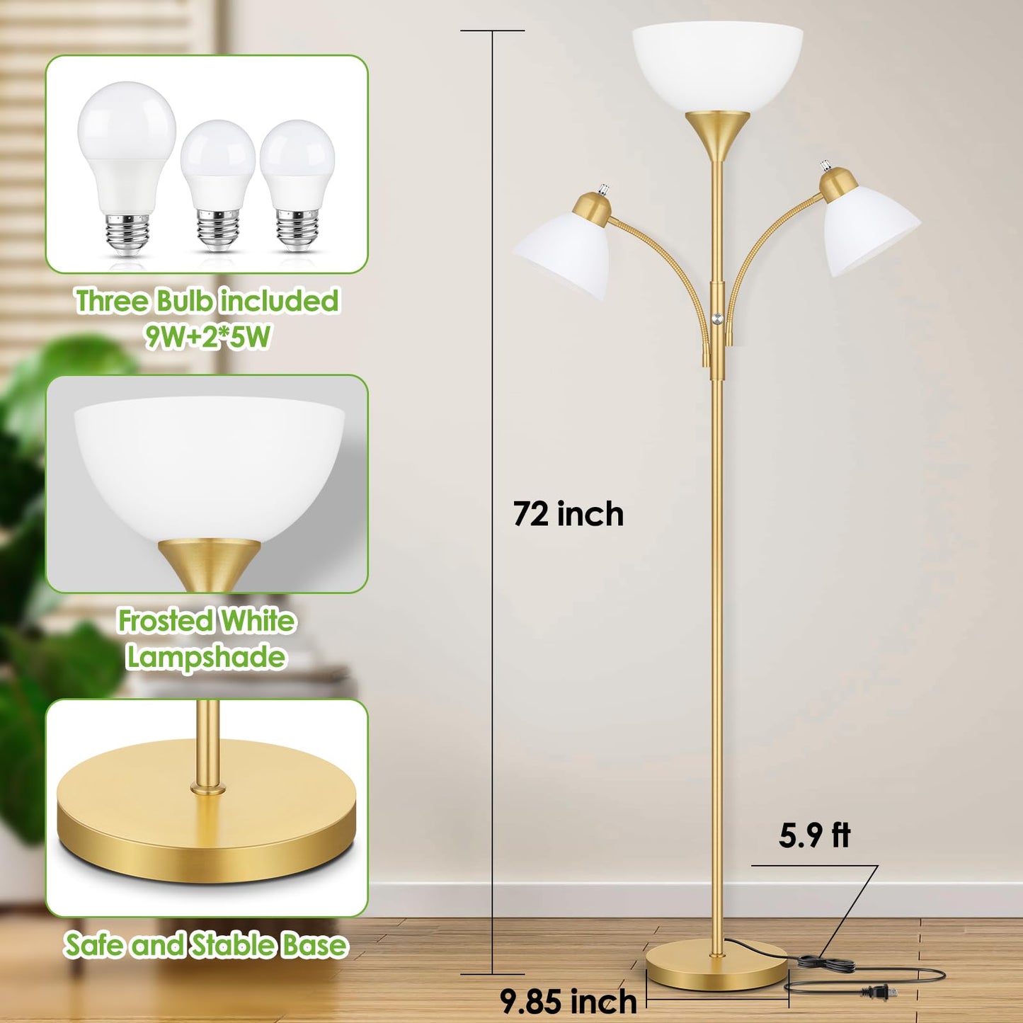 Coucrek Floor Lamp with 2 Reading Lights, 72in Dimmable Torchiere, Gold, Model HD-FL8001, Metal, 3 Bulbs Included