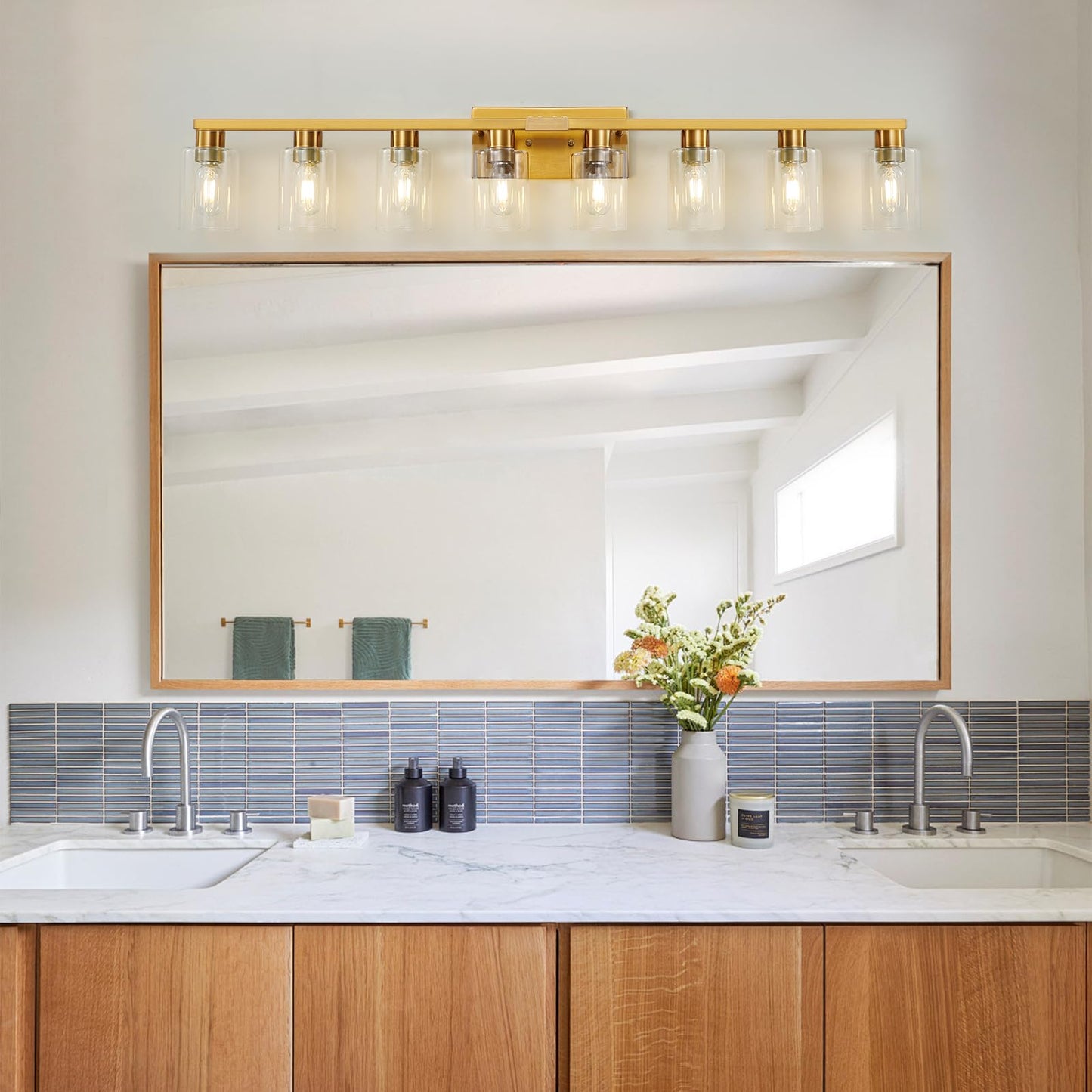 Hdasic 8 Light Gold Bathroom Light Fixtures  Modern Large Vanity Lights With Clear Glass Shade  Brushed Brass Bathroom Lighting Fixtures Over Mirror  Wall Scones Light For Bedroom  Living Room