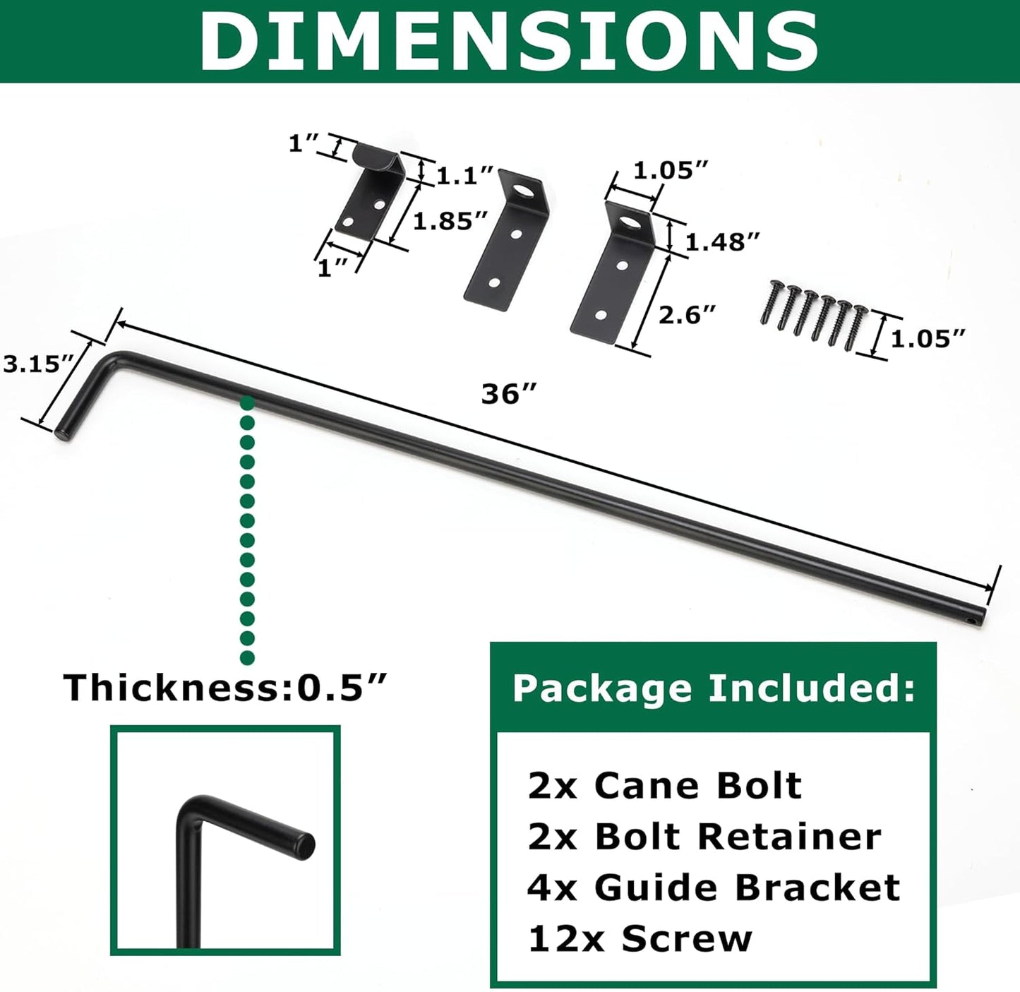 36" Heavy Duty Cane Bolt Gate Drop Rod with Upgraded Design, Square Drop Rod Kit for Double Gate Wood PVC Vinyl Metal Yard Gate Latch-2 Pack