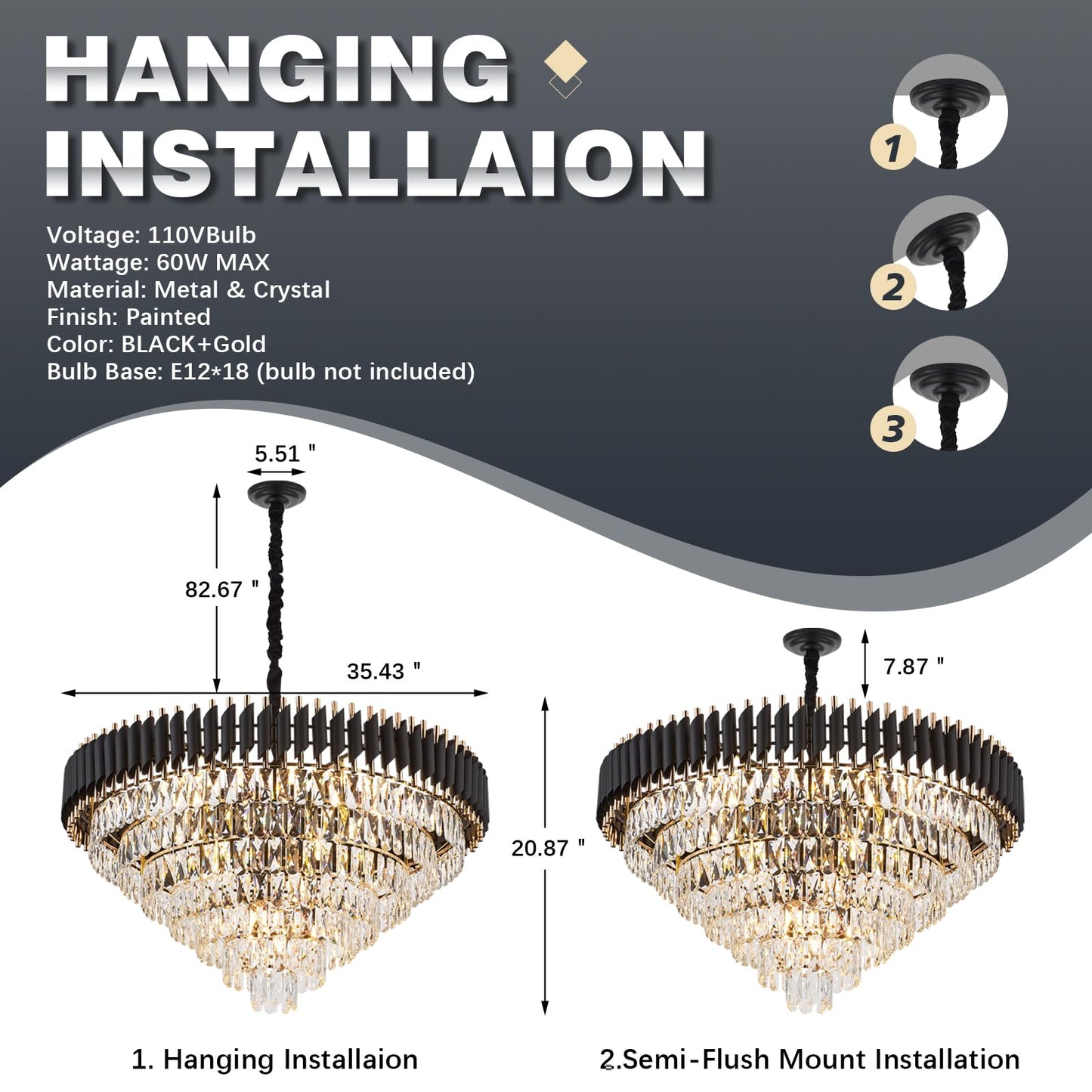 Brfaixla 7-Tier Black Gold Crystal Chandelier 35.5 18-Light Modern Crystal Pendant Chandelier Ceiling Light Fixture Hanging Lighting For Living Room Villa Restaurant Foyer High Ceiling