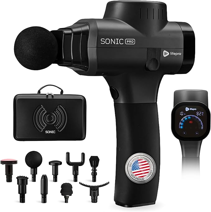 LifePro Sonic Pro Handheld Electric Massage Gun – Deep Tissue Percussion Massager Gun with 10 Speeds & 9 Heads – Muscle Ma...