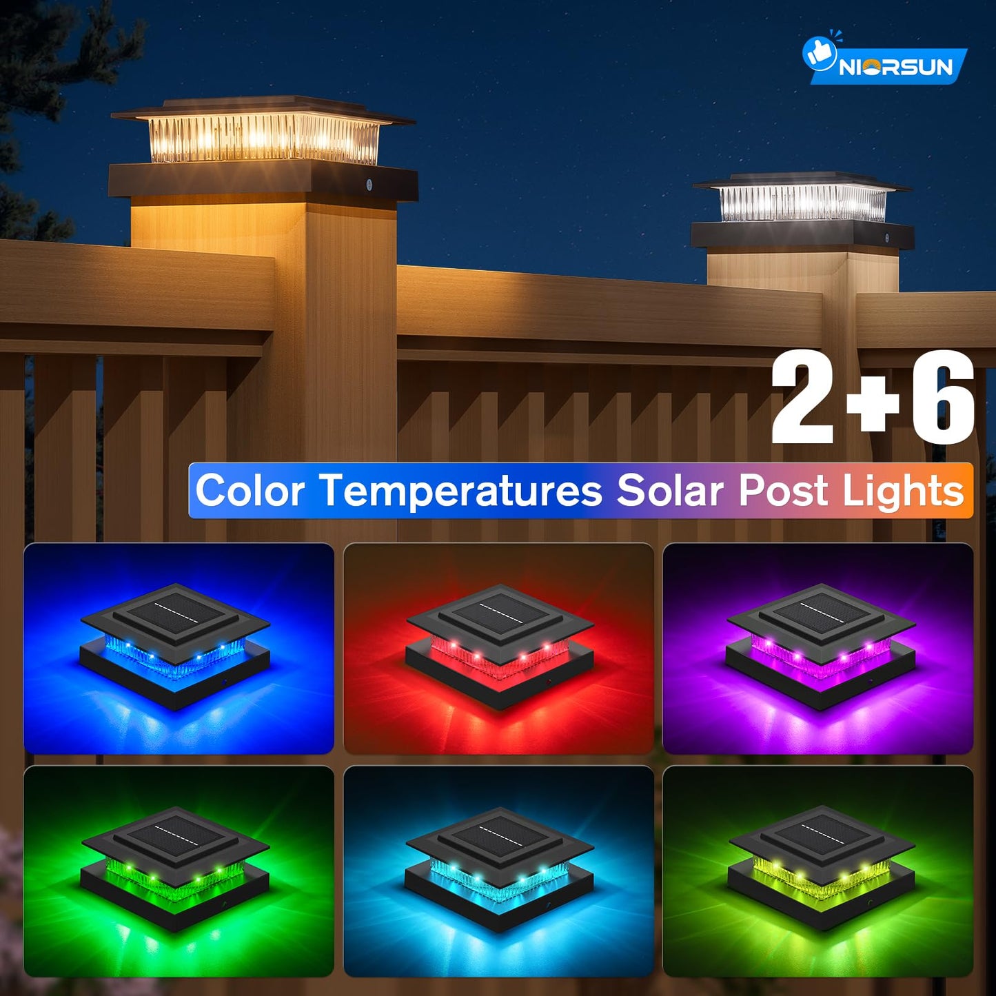 NIORSUN Solar Post Cap Lights, RGB Color Changing, Waterproof, 6 Pack, 4x4 Posts, Black, Model M013RGB-N