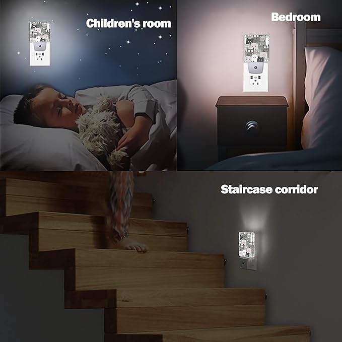 Gray Cartoon Cat Night Light Plug in Wall Lamp Smart Dusk to Dawn Sensor for Home Decorative, Kids Room Bedroom Bathroom Kitchen Hallway Gifts
