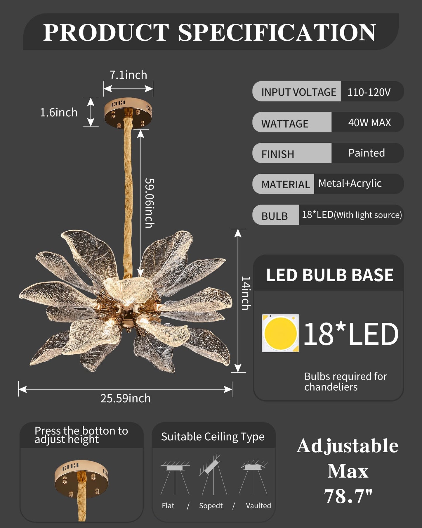 Witkey Modern Tree Branch Leaf Chandelier  18-Light 25.59 stylish Gold Pendant Lighting  Led 40W 3000K Warm White Chandeliers  Adjustable Height For Living Room  Dining Room  Bedroom  Kitchen Island