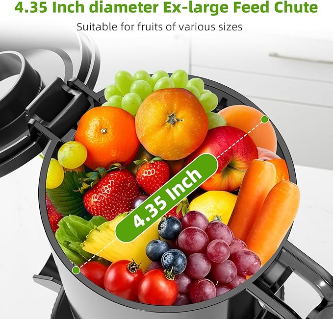 Crzoe Cold Press Juicer with a 4.35 Wide Feed Chute for Whole Fruits and Vegetables, Button control, Slow Masticating juicer, Easy to Clean Low noise and High juice Yield, Stainless Steel