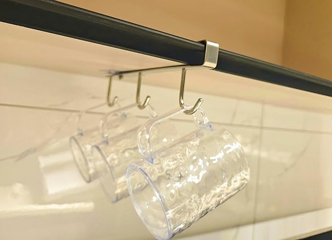 Mug Hooks Under Cabinet , 304 Stainless Steel Cup Hooks for Hanging Under Shelf, Mug Organizer Rack with 3 Hooks for Displaying Mugs, Coffee Cups and Kitchen Utensils,Fit for 0.8" or Less thickness