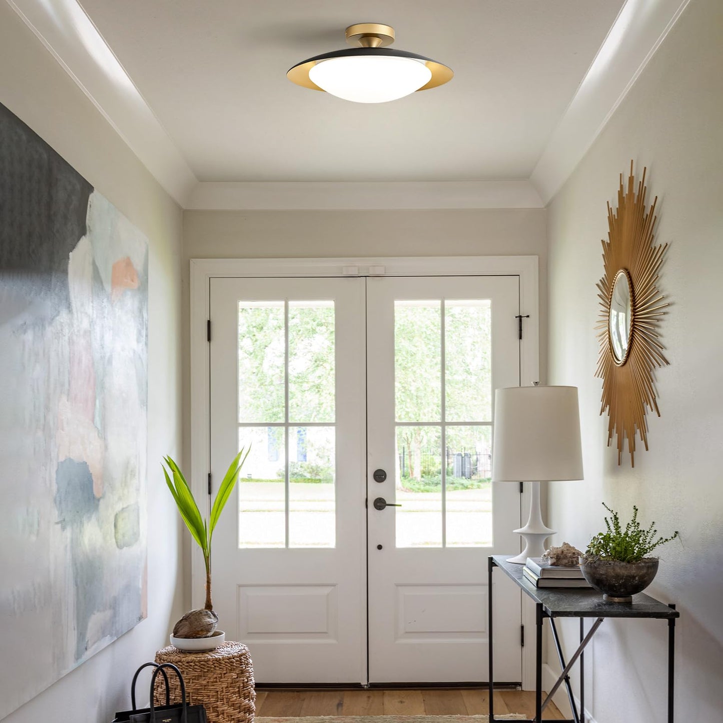 Zuyurt Dimmable Mid Century Modern Ceiling Light 5Cct Led Black And Gold Semi Flush Mount Ceiling Lighting  For Kitchen Bedroom Hallway Bathroom 2700K-6000K 15.75 In