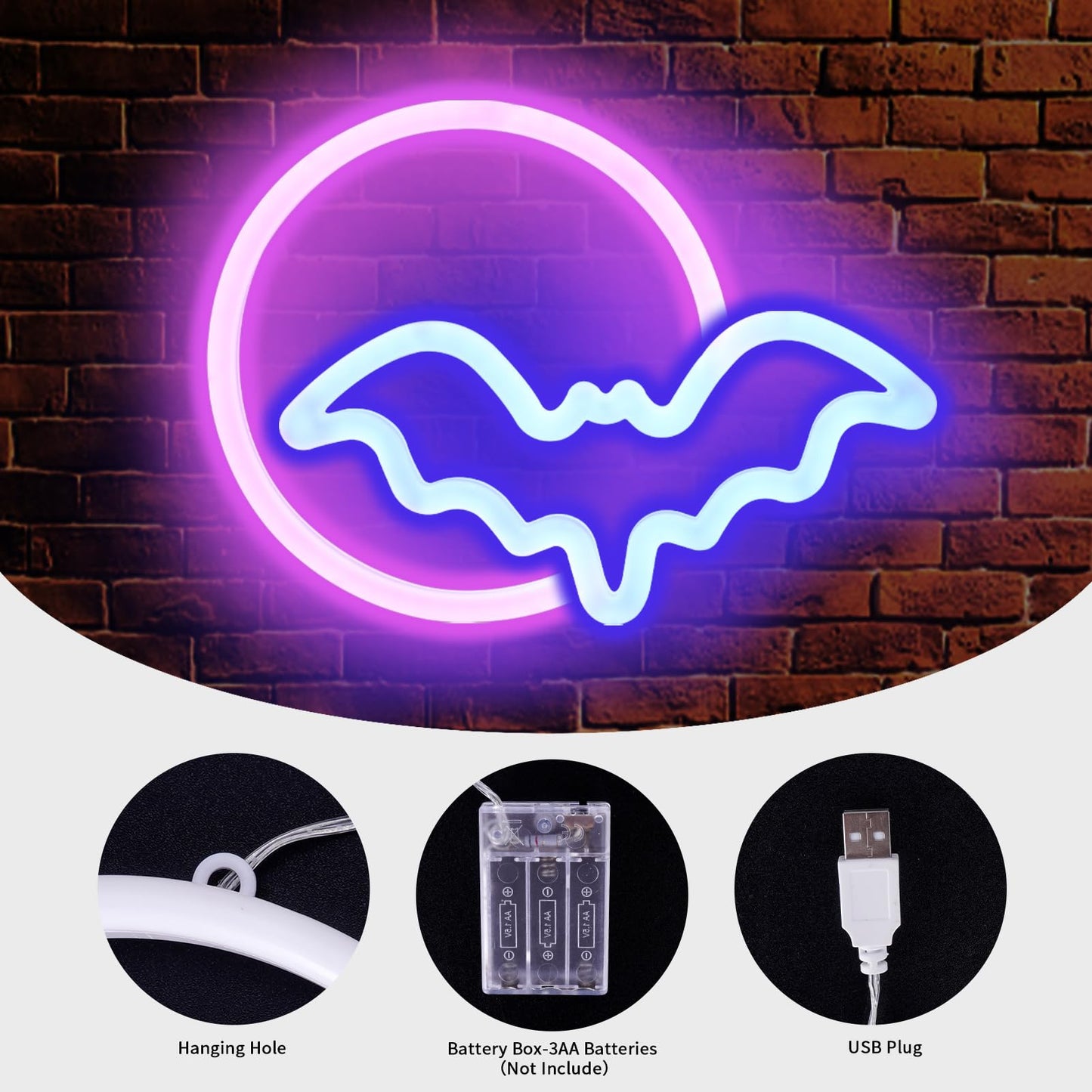 Brightdeck 2 Pack Halloween Neon Signs  White Ghost  Blue Bat Full Moon Neon Lights Decorations  Usb/Battery Powered Led Neon Sign For Halloween Wall Decor  Bedroom  Kids Gift  Bar  Party(Full Moon)