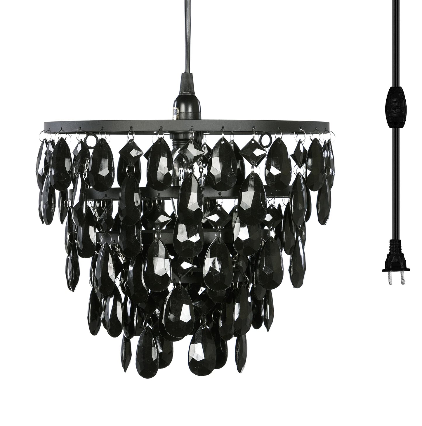 gypsy color Plug-in Chandelier, 1 Light, Black Metal Frame, Five Tiers of Black Acrylic Crystals, Model GYDMBK, H10”xW11.5”