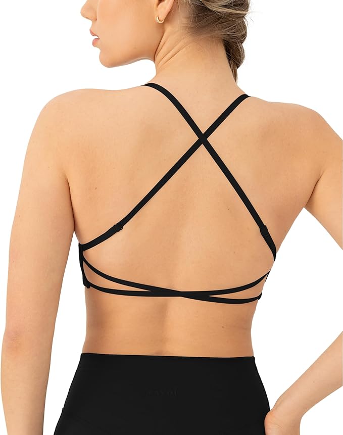 PAVOI ACTIVE Open Back Strappy Yoga Workout Bras for Women - Low Support Criss-Cross Sports Gym Bra Removable Pads - FlexFlow