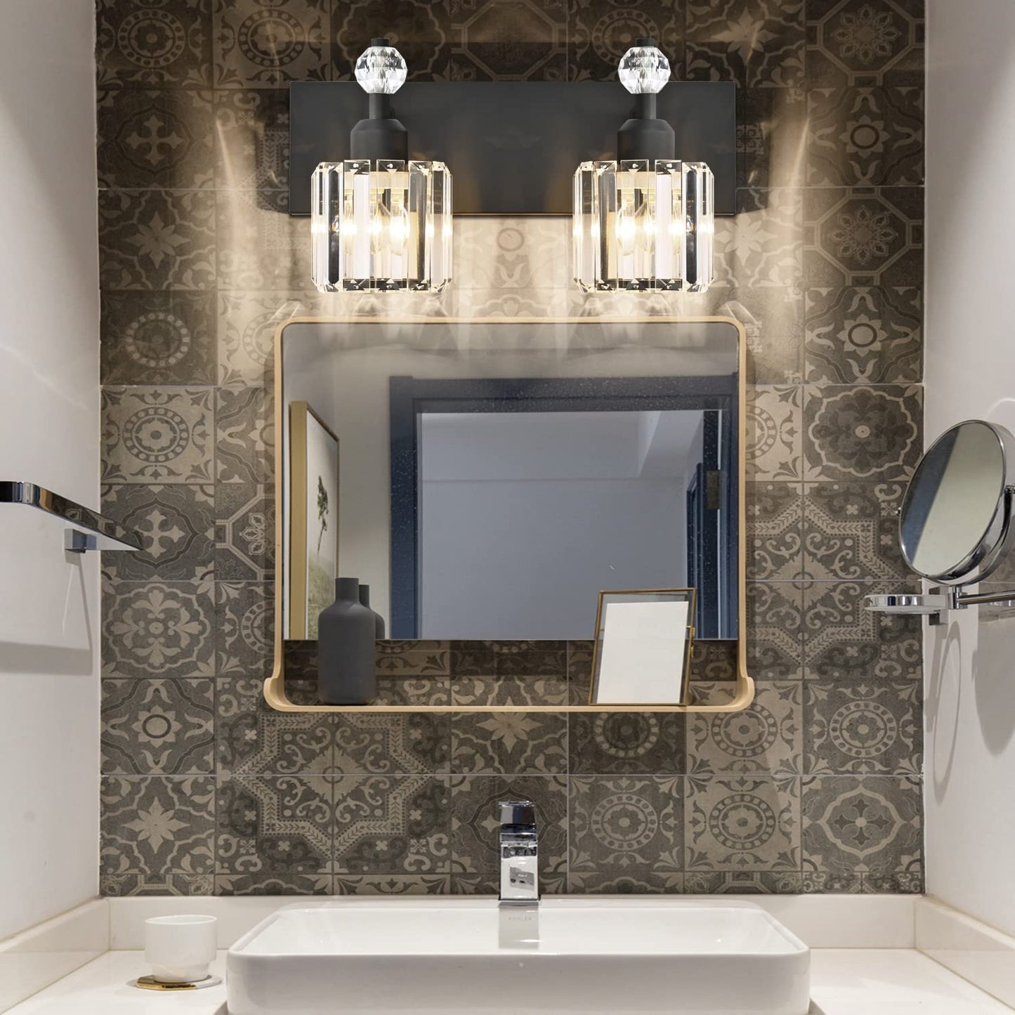 Presde 2-Light Modern Crystal Bathroom Vanity Light Fixture - Matte Black Metal Over Mirror Lighting