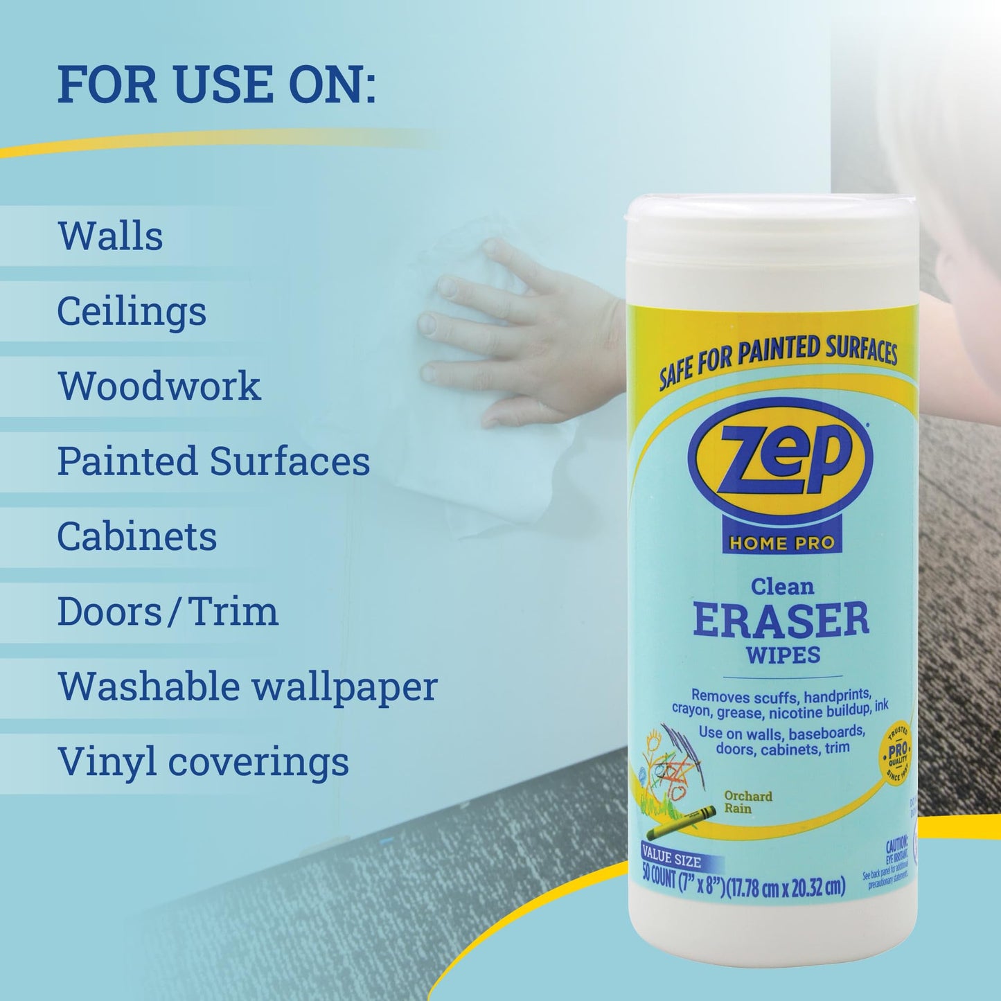 Zep Home Pro Clean Eraser Wipes 50 count- R59112- Removes Scuffs, Handprints, Crayon, Greese for use on Walls, Baseboards, Doors, Cabinets and Trim
