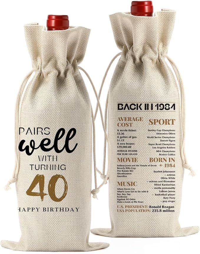 40th Birthday Gifts Women Men, 40 Year Old Birthday Gifts for Women Mom Dad Wine Gift Bag, Wine Accessories Gifts Anniversary 40th Birthday Decorations Wine Bag Wine Bags for Wine Bottles Gifts