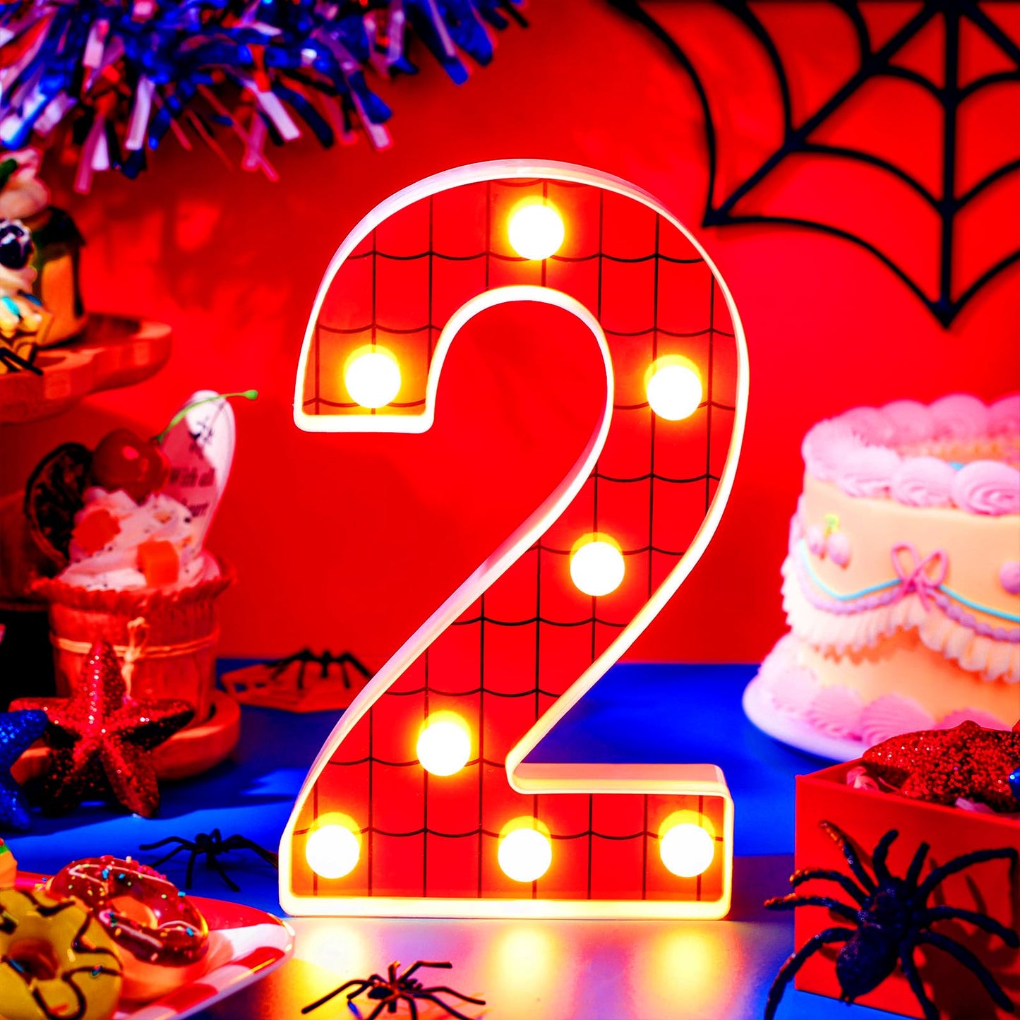 Vihose Spider Led Number Lights Spider Birthday Party Decoration Light Up Numbers Kids Boy Man Birthday Supplies For Marquee Night Christmas Gift Baby Shower(Number 2)