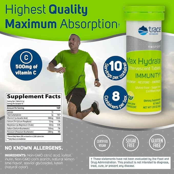 Trace Minerals Max-Hydrate Immunity - Electrolyte Drink Supplement for Immune Health & Hydration Support - Vitality Supplement to Aid Muscle Cramp Relief - Lemon Lime, 8 Containers (80 Servings)