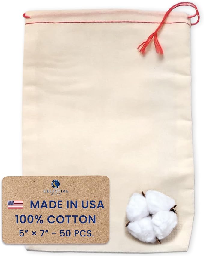 Celestial Gifts Muslin Bags - 100% Cotton Drawstring Bags Medium 50pcs, 5x7, Reusable Tea, Coffee, Jewelry, Gift, Spice Pouch and Sachet Bag - Made in USA - (Red Hem and Drawstring)