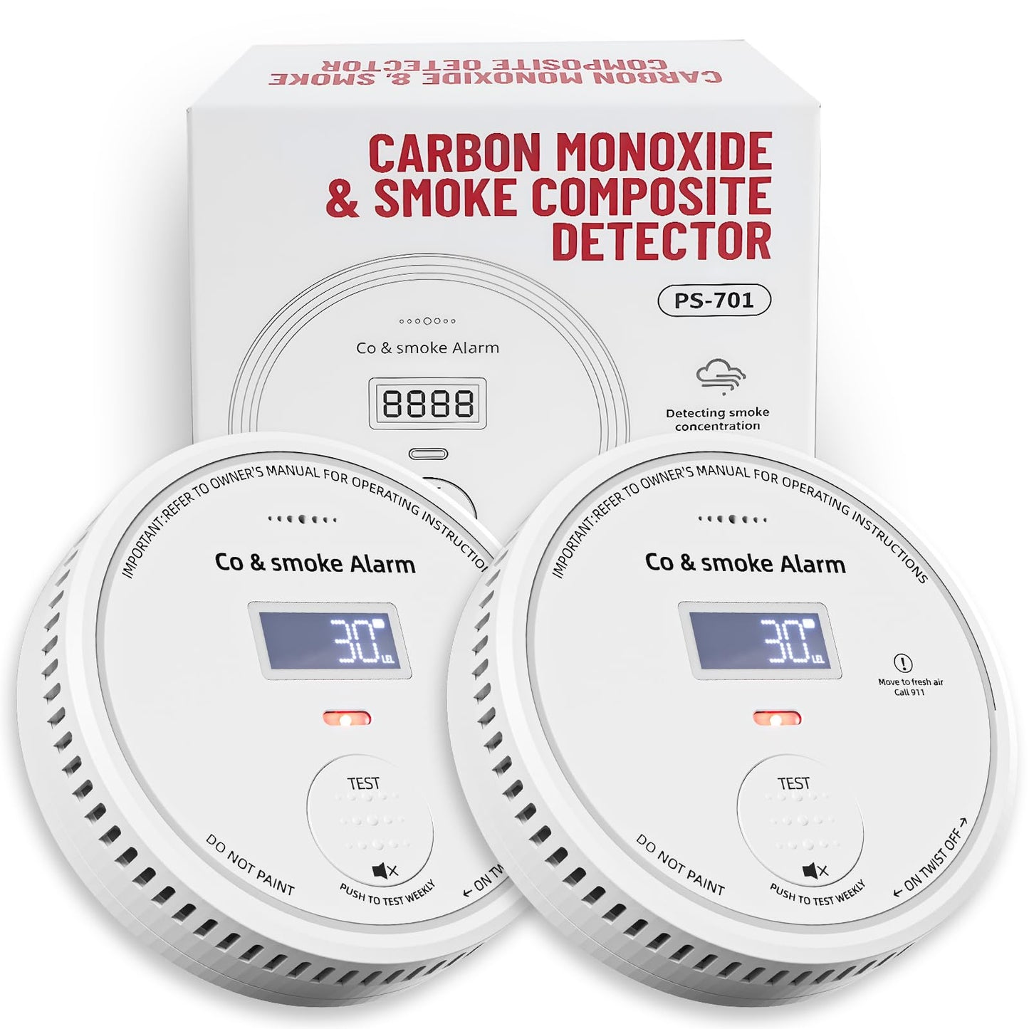 2-Pack 10 Year Battery Smoke and Carbon Monoxide Detector with Digital Display, 85dB Alarm, Battery-Powered, Easy Setup for Home, RV, Camper – Protect Your Family & Get Peace of Mind