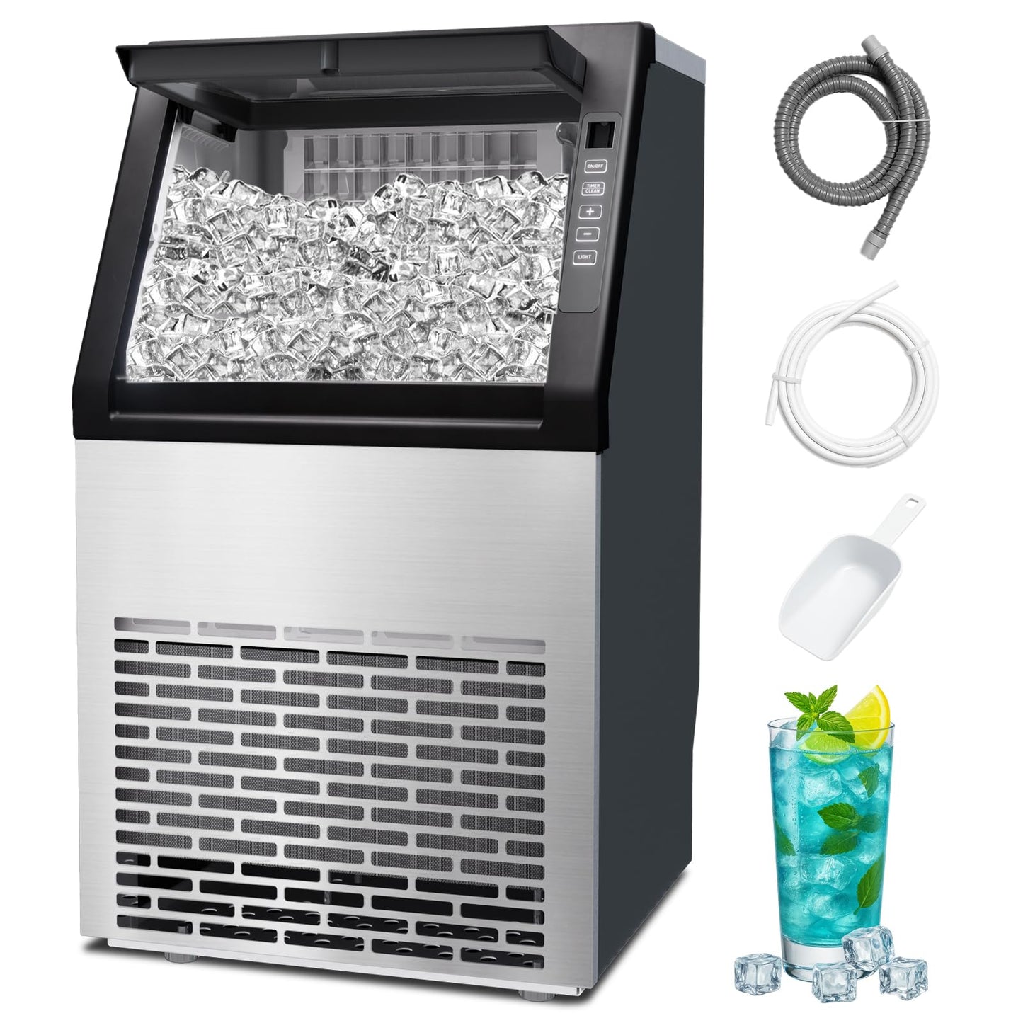 Commercial Ice Machine,100LBS/Day Stainless Steel Freestanding Large Ice Maker,36 Cubes in 11Mins,24H Timer,Self-Cleaning, Ideal for Restaurant, Bars, Home and Offices